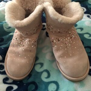 UGG Pink Cozy Tan Shearling Boots with Sparkle Crystal Bedazzled Accents